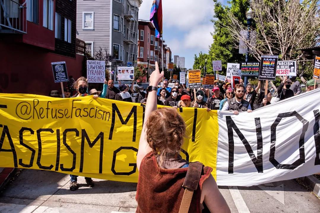 San Francisco Refuse Fascism banner leads march May 17, 2025.