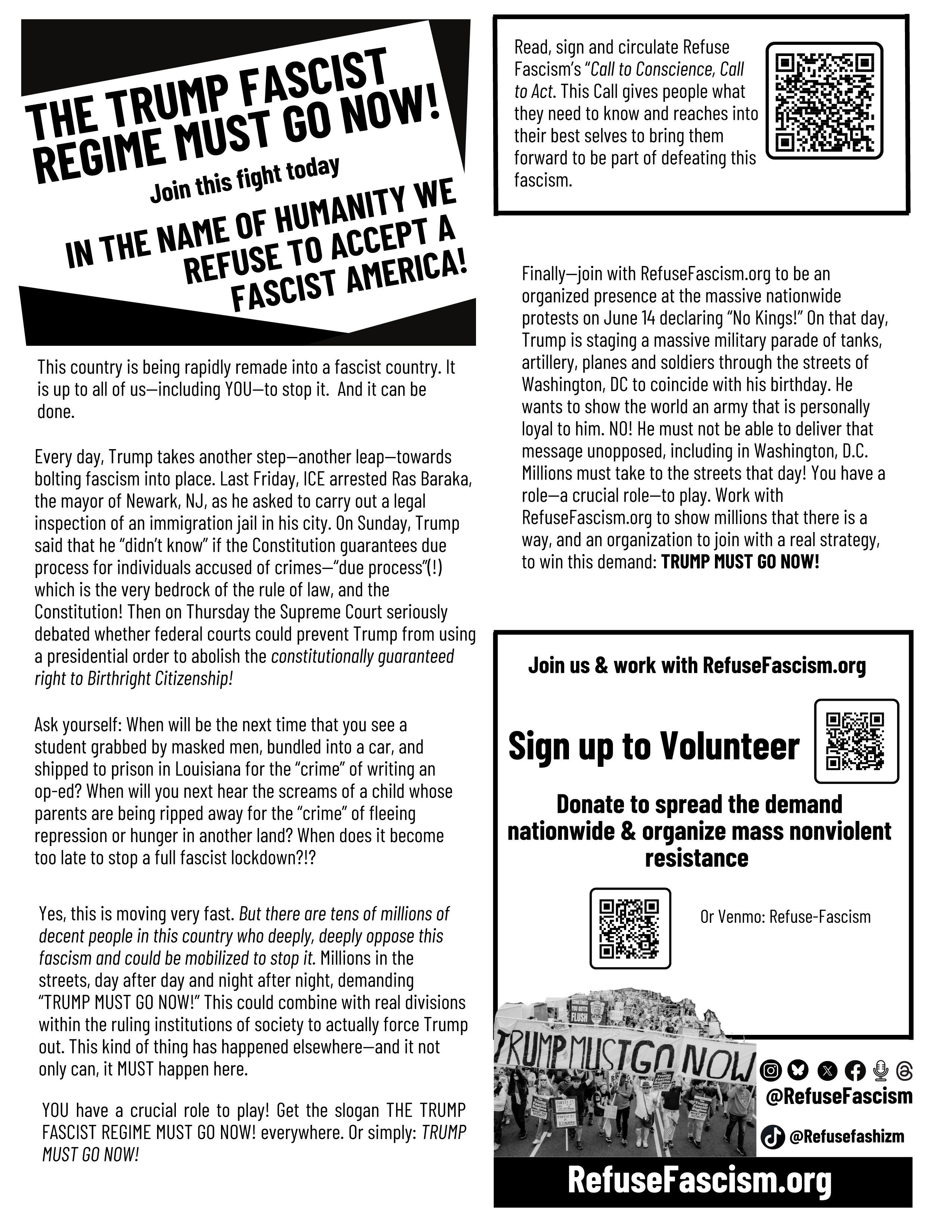 Refuse Fascism flyer The Trump Fascist Regime Must Go Now!