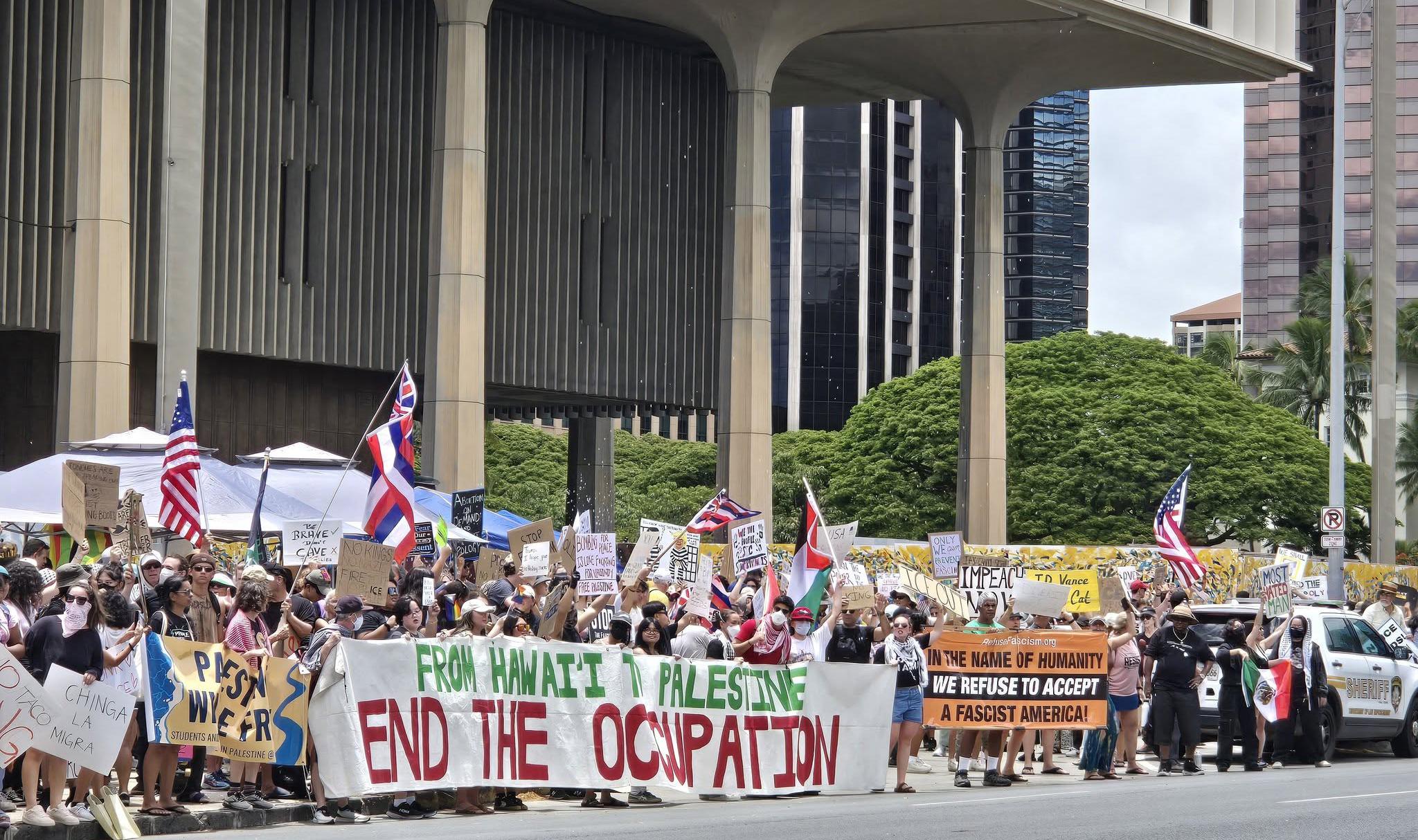 Honolulu, Hawaii, No Kings Day, with Refuse Fascism banners, June 14, 2025.