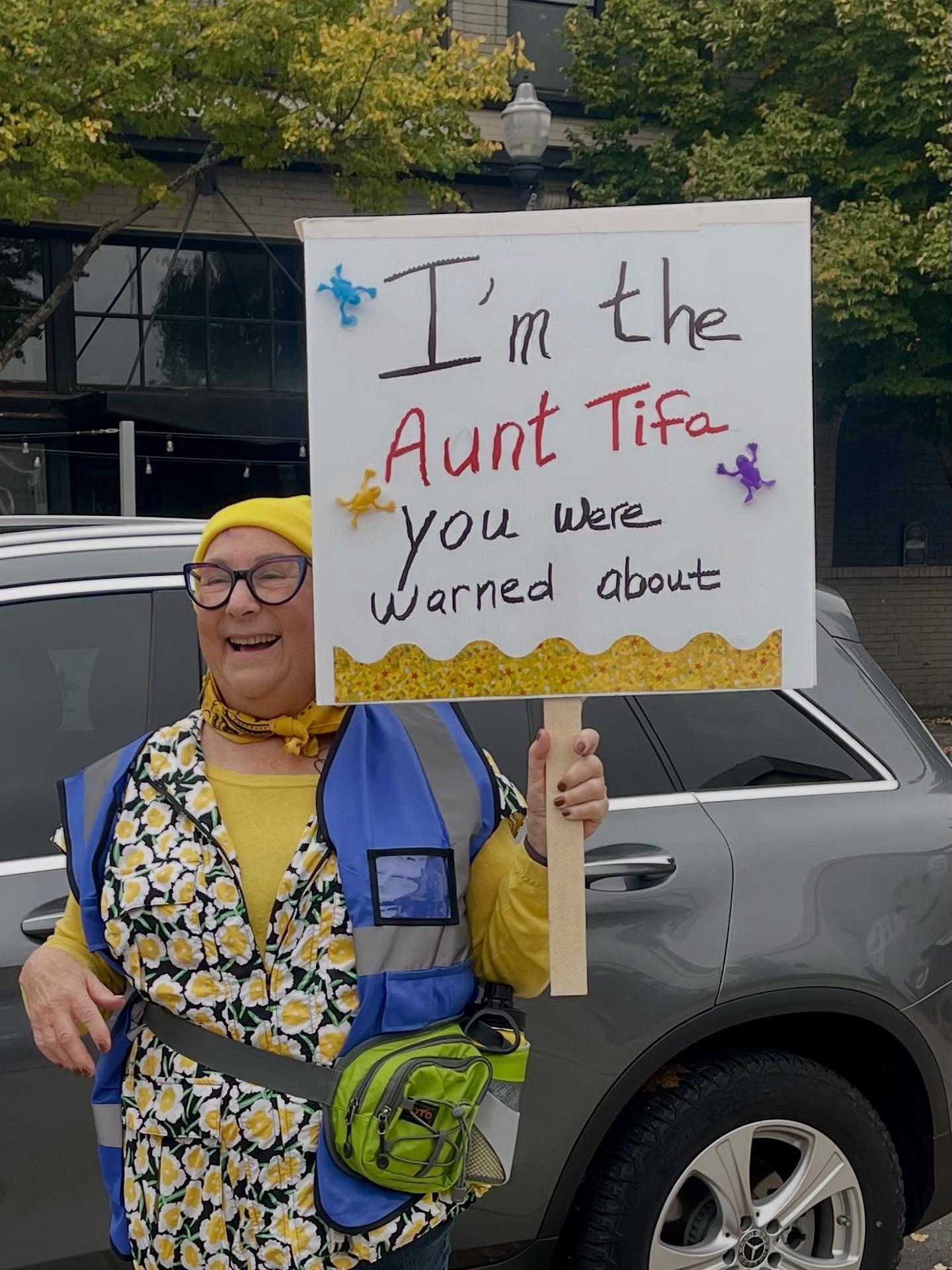 Portland No Kings protest sign, "I'm the Aunt Tifa you were warned about."