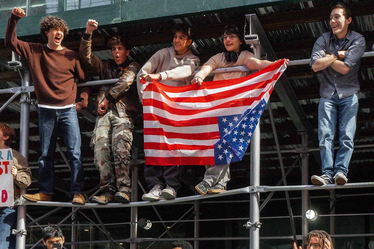 New York City, upside down flag from building, October 18, 2025