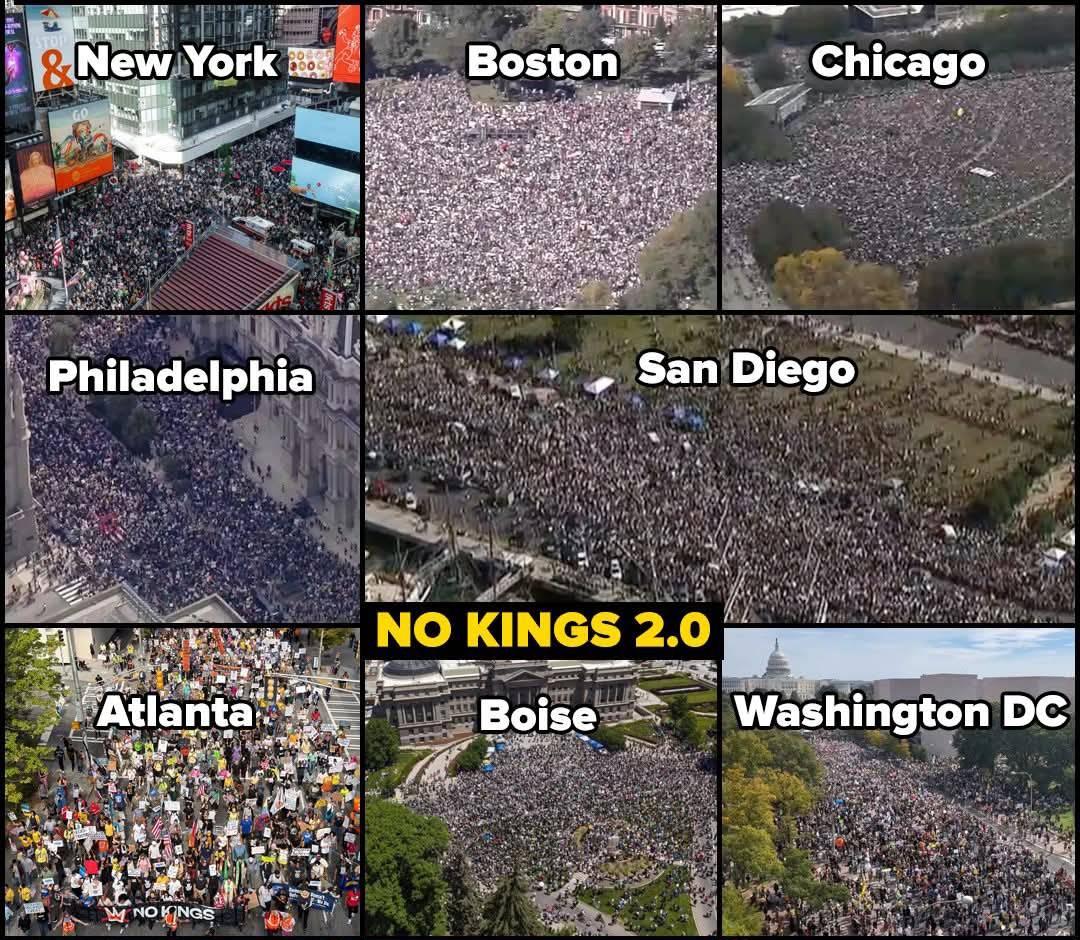 Montage of No Kings 2.0 protests in US cities.