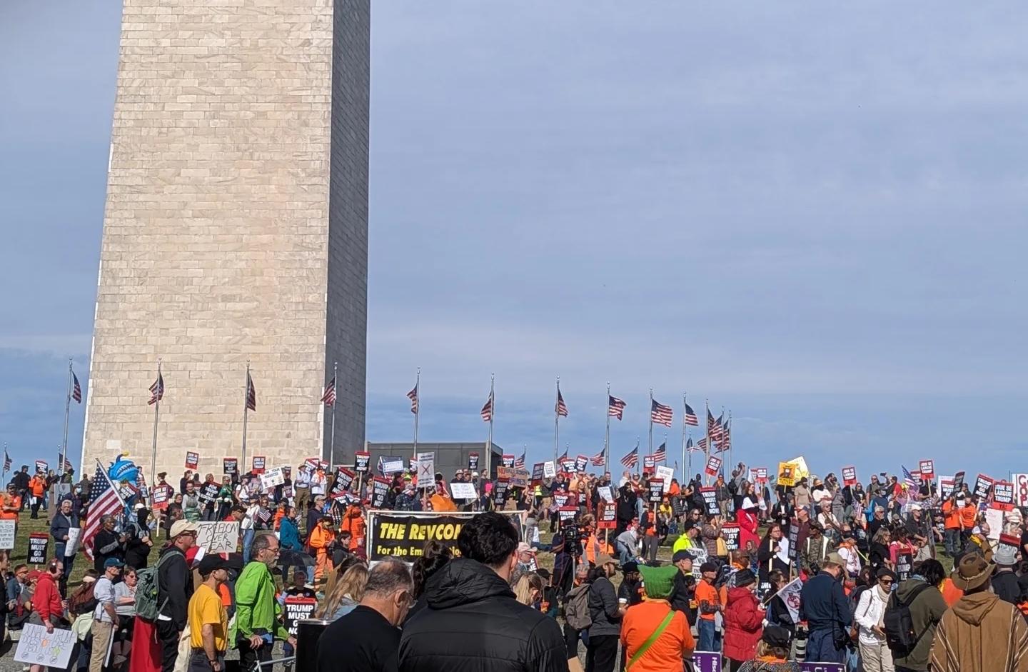 Trump Must Go Now crowd at Washington Monument, November 5, 2025.