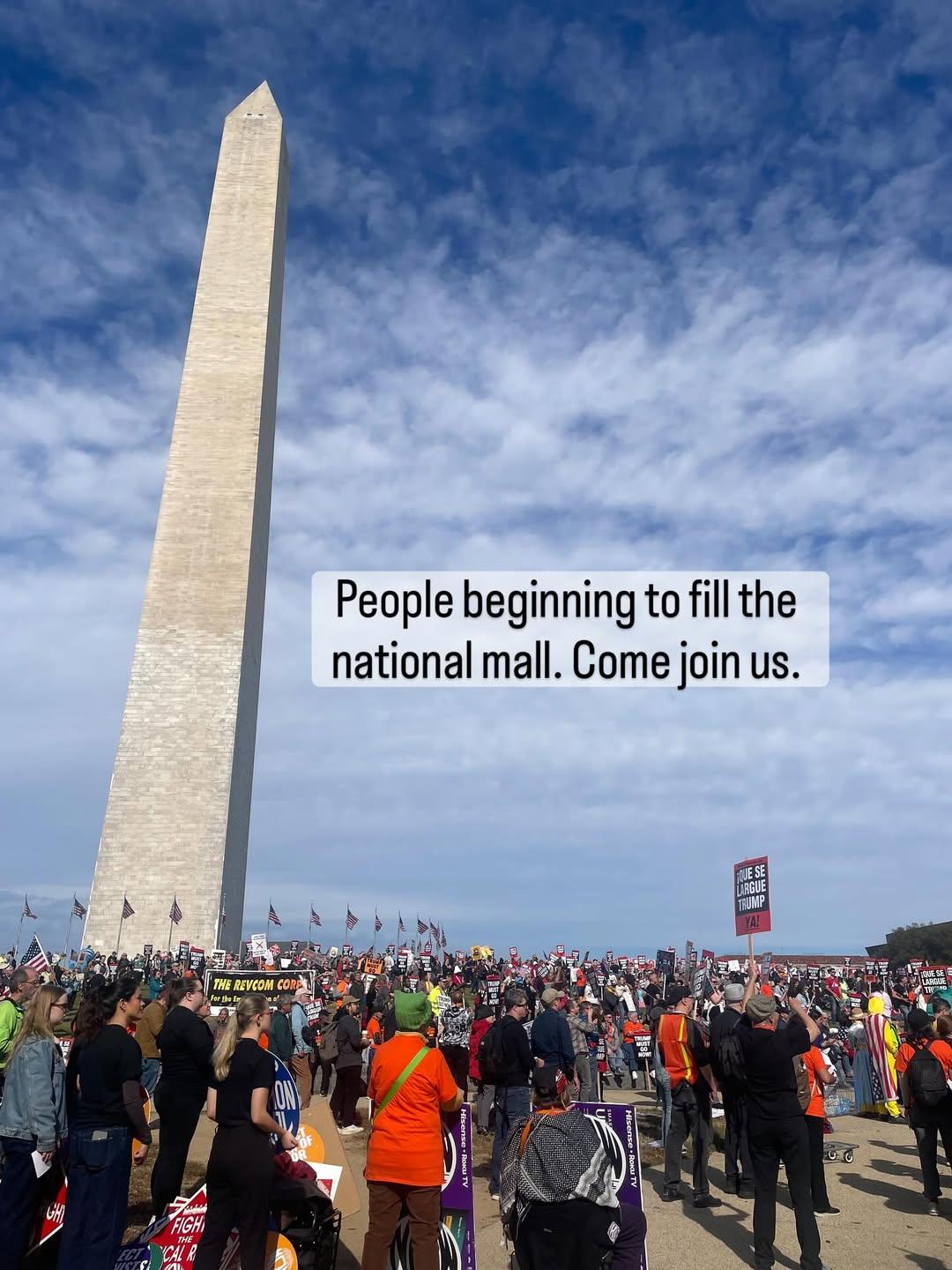 Trump Must Go Now protesters assemble at Washington Monument, November 5, 2025.