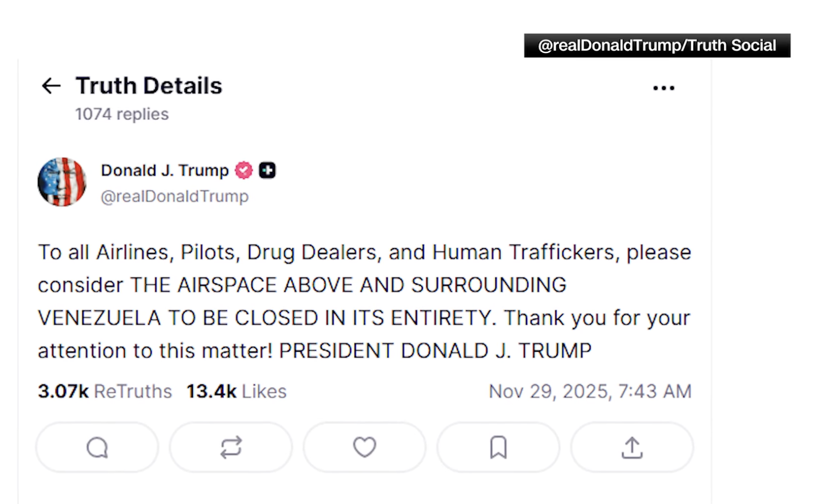 Trump's TruthSocial message: No fly over Venezuela, November 29, 2025.