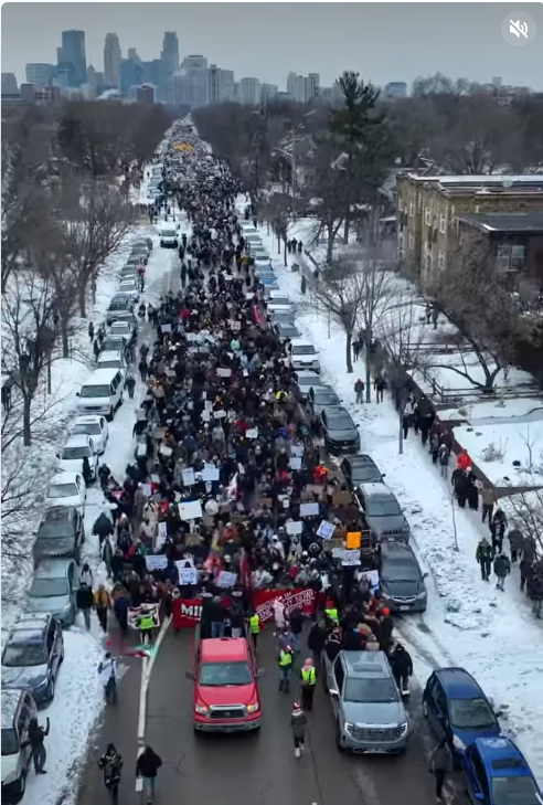 Aerial view of ICE Out for Good march in Minneapolis, January 10, 2026 