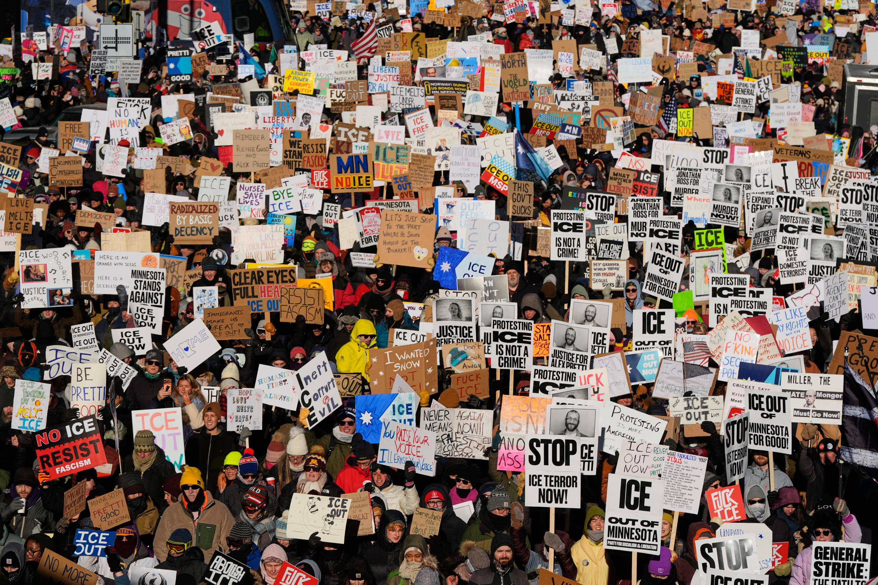 A sea of signs in Minneapolis march, January 30 2026.
