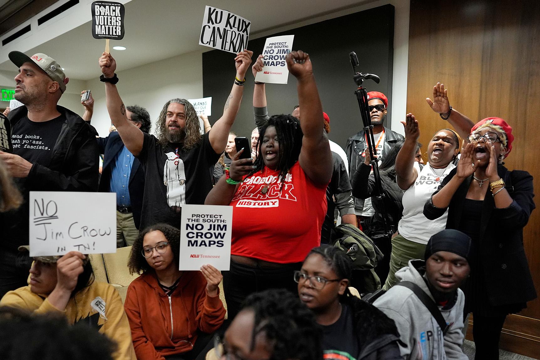 People from Tennessee protest during a special session of the state legislature to redraw U.S. Congressional voting maps, May 5, 2026.