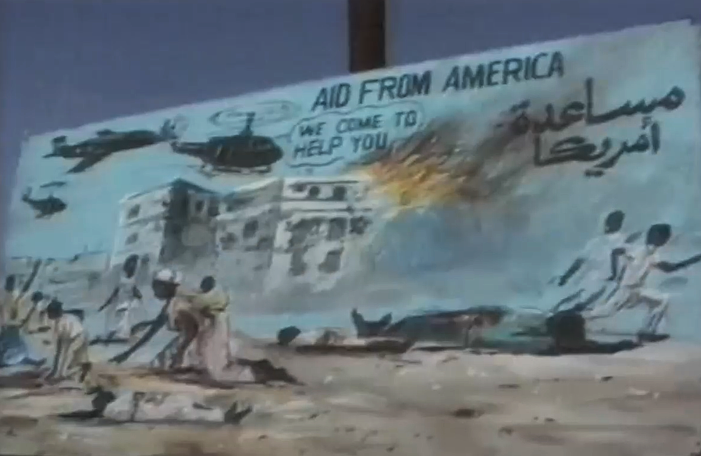 A sign at anti-American protest in Mogadishu depicting the Abdi House raid or "Bloody Monday," July 14, 1993.