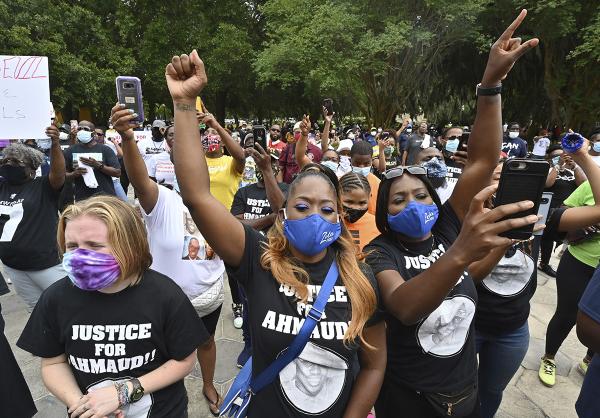 Protest against murder of Ahmaud Arbery in front of Georgia courthouse.