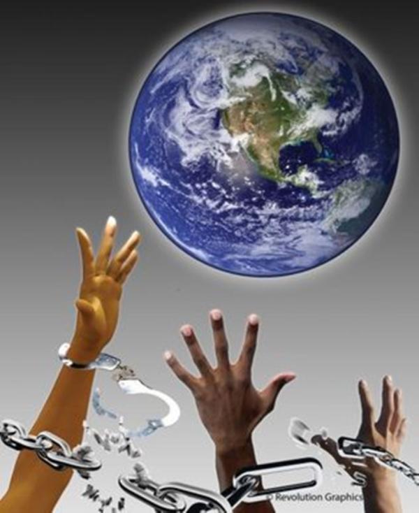 Chained hands reaching for globe