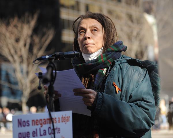 Kia Corthron, speaker at RiseUp4AbortionRights rally at St. Patrick's Cathedral.