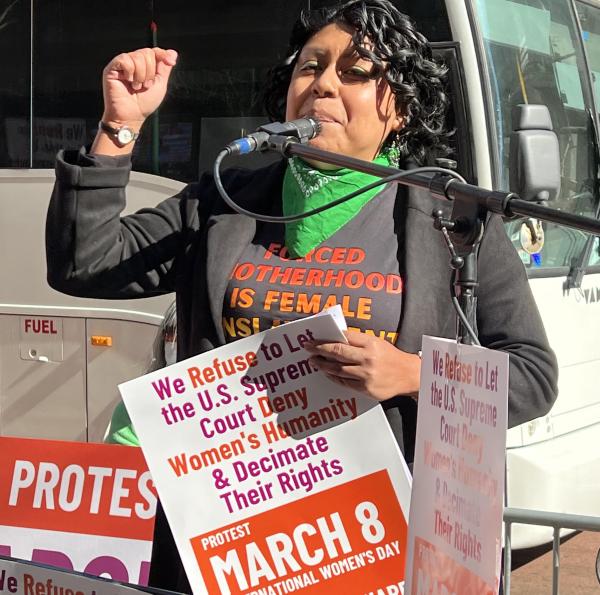 Michelle Xai speaking at New York St. Patrick's Cathedral for abortion rights.