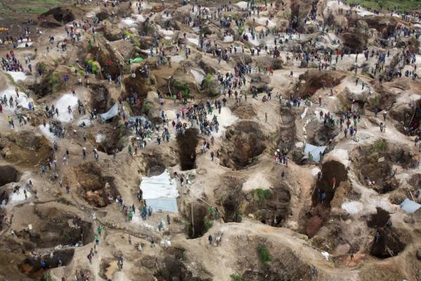 Aerial shot of numerous coltan mines in DRC.