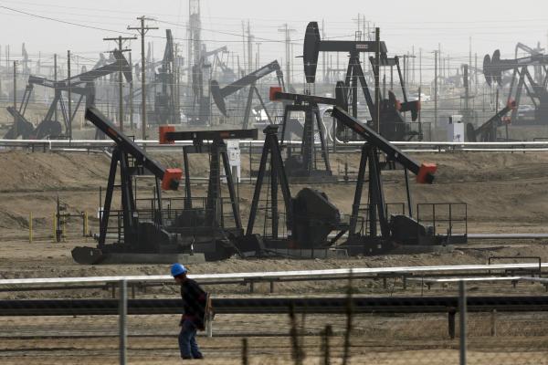 Field of pumpjacks used for fracking in Bakersfield, California, 2015.