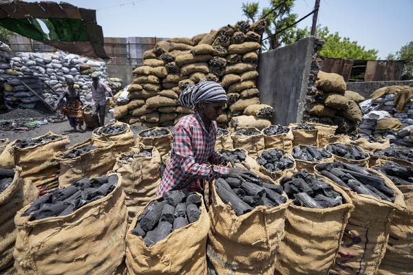 During India heatwave and power outage, woman sorts coal as source of energy.