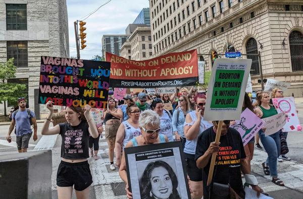 Cleveland march for abortion rights with banners  May 14
