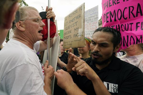 Abortion rights activists confront fascists at the Capitol in Jackson, Mississippi.