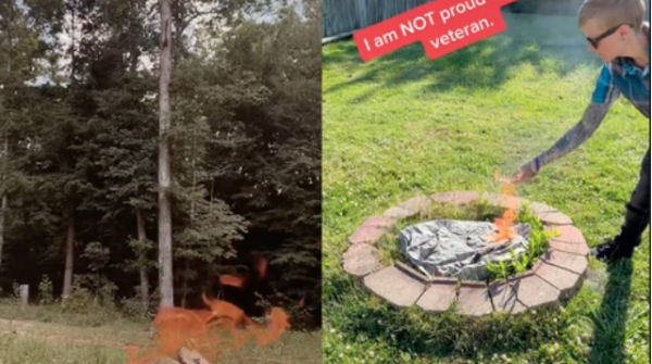 Veteran Ashley Zur burns her uniform to protest overturn of Roe v Wade.