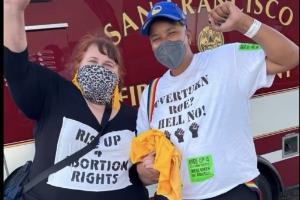 Two members of the Revolution Club, Xochitl and Magda, courageously raised banners of “Rise Up for Abortion Rights” and “End Roe? Hell No!” on the floor of the arena during the fifth game of the NBA finals in San Francisco. 