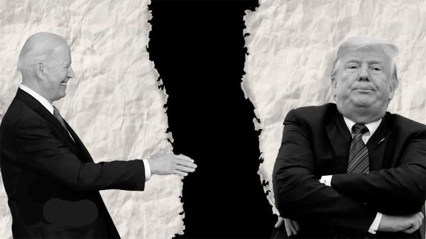 Graphic of Biden extending a hand to a grimacing Trump.