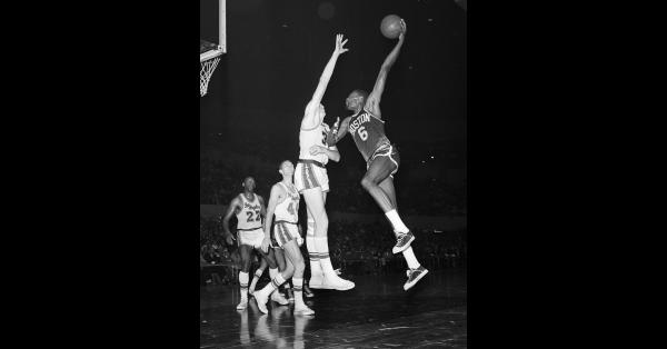 Bill Russell, Boston Celtics, shooting against Los Angeles Lakers