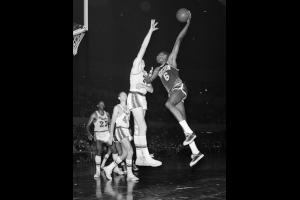 Bill Russell, Boston Celtics, shooting against Los Angeles Lakers