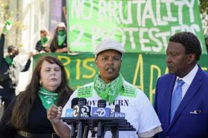 Xochitl announces filing a federal civil rights lawsuit against the San Francisco Fire and Police Departments in San Francisco August 10, 2022, for injecting her with a sedative while she was handcuffed.