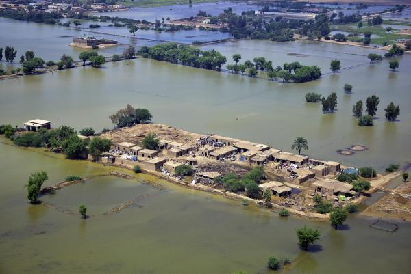 Homes are surrounded by floodwaters in Jaffarabad, Pakistan. More than one million homes have been damaged.