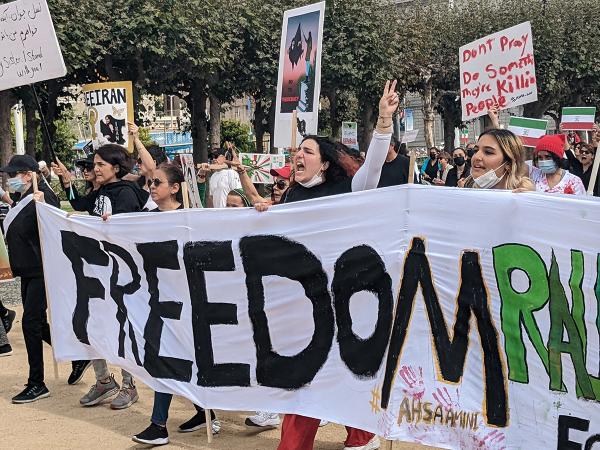 San Francisco protest for Iran with FREEDOM banner.