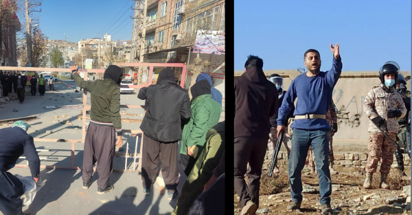 In Javanrud, December 31, building a barricade with bare hands (left), and armed security forces (right).