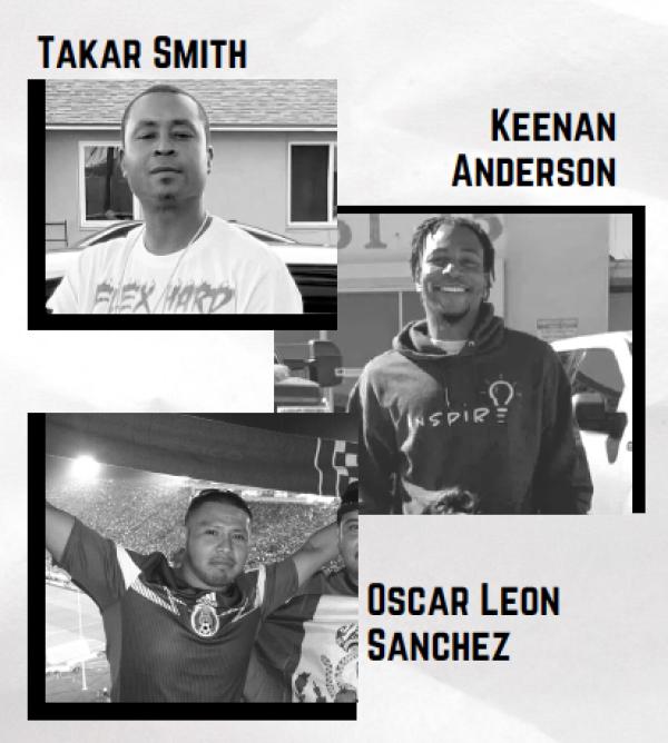 Collage of three murdered by LAPD:  Oscar Leon Sanchez, Takar Smith, Keenan Anderson.