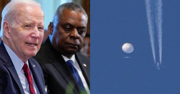 Left, Biden and Austin; right, Chinese balloon being shot down over Atlantic Ocean, with a fighter jet and its contrail seen below it, Saturday, Feb. 4, 2023.