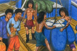 Drawing from the graphic memoir of Prum Vannak Anan, The Dead Eye and the Deep Blue Sea