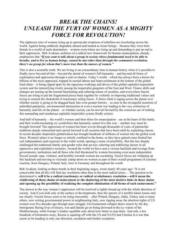 Flyer: "Break the Chains! Unleash the Fury of Women as a Mighty Force for Revolution!'