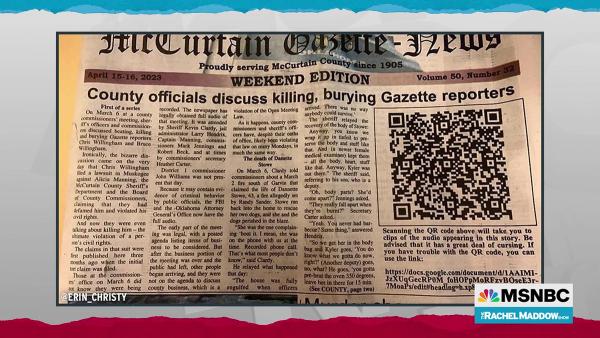 Headline in the newspaper in Oklahoma: "County Officials Discuss Killing, Burying Gazette Reporters."