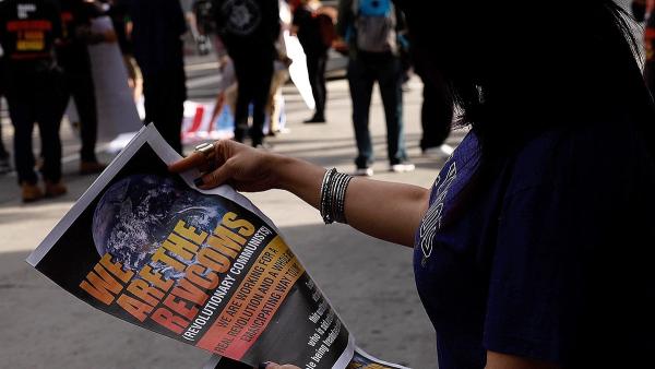 Los Angeles, May First, reading broadsheet