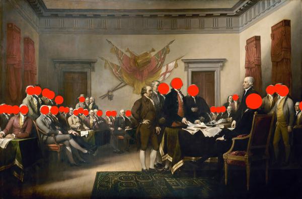 The “Founding Fathers” who were slaveowners have red dots on their heads.