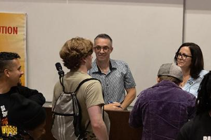 Mingling after Sunsara Taylor’s talk “Woke Lunacy vs Real Revolution” at UCLA, May 24, 2023.