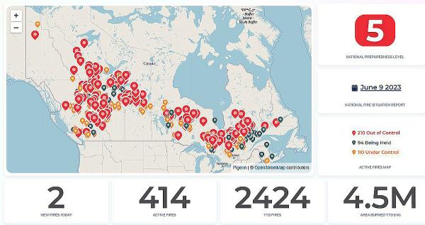A map of the number of fires in Canada, June 2023.