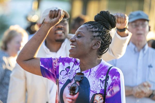 Pamela Dias, the mother of Ajike Owens, shouts "Justice for AJ," June 8, 2023.