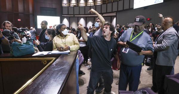 Protesters inside Atlanta City Hall outraged by the vote to approve Cop City, June 6, 2023. “Stop Cop City!” echoed through the building.