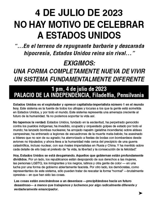 Leaflet for going to Philly, July 4 America has nothing to celebrate