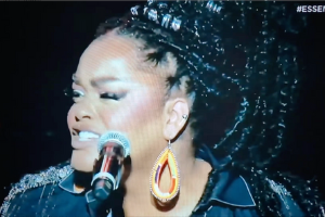 Jill Scott singing “The Star-Spangled Banner (Home of the Slave)” on July 2, at the 2023 Essence Fest in New Orleans.