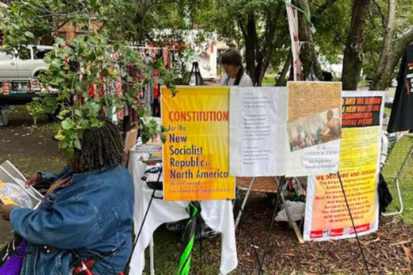 Table at Logan Square Market, Chicago, on Hiroshima Day, August 6, 2023.