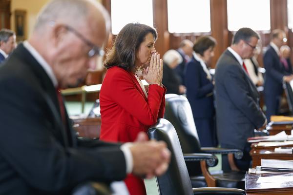 State Sen. Angela Paxton prays during the impeachment trial for Texas Attorney General Ken Paxton.