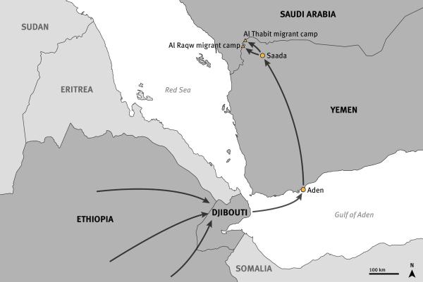 Map showing route of migrants from Ethiopia through Yemen to Saudi Arabia.