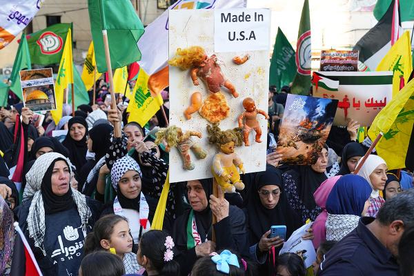 Lebanon: Protesters with bloody dolls "Made in USA", October 20, 2023.