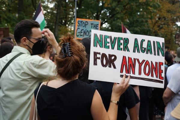 Brooklyn, protest with sign Never Again For Anyone, October 28, 2023.