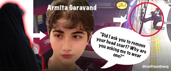 Armita Ggeravand, 16, selfie and still footage being pulled from train.